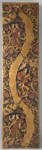 Part of a room screen covered with polychromed gold leather with floral, fruit and leaf scrolls and a mythological hunting scene
