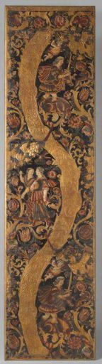 Part of a room screen covered with polychromed gold leather with floral, fruit and leaf scrolls and a mythological hunting scene