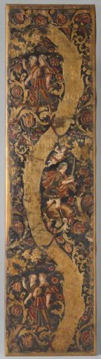 Part of a room screen covered with polychromed gold leather with floral, fruit and leaf scrolls and a mythological hunting scene