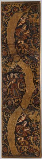 Part of a room screen covered with polychromed gold leather with floral, fruit and leaf scrolls and a mythological hunting scene