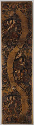 Part of a room screen covered with polychromed gold leather with floral, fruit and leaf scrolls and a mythological hunting scene