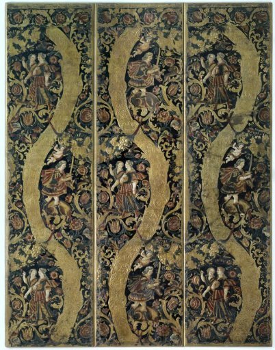 Five-leaf room screen of polychromed gold leather with floral, fruit, and leaf scrolls and mythological hunting scenes