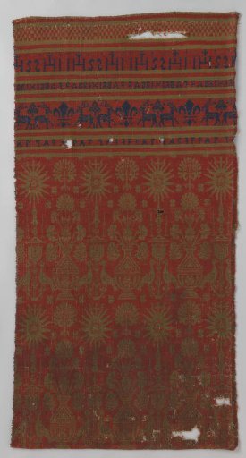 Wool antependium with pattern of flower vases, birds, ciboria, stags, and the Christogram IHS
