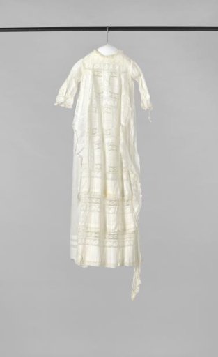 A lying-in visit dress with plumetis and needle lace inserts
