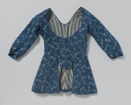 Jacket with Long Sleeves, Skirt with Back and Side Pleats, and Deep Front Neckline of Blue Silk with Light Blue Floral Scrolls and Diagonal Stripes; Front Closure with Two Shorter Panels
