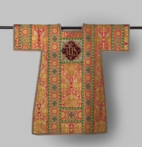 Dalmatic of silk with a pattern of quatrefoils within oval fields, with appliqué and embroidery