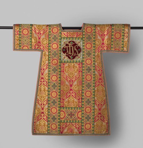 Dalmatic of silk with a pattern of quatrefoils within oval fields, with appliqué and embroidery