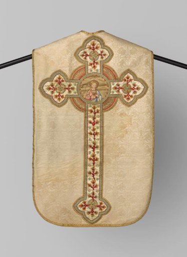 Chasuble with a woven pattern of quatrefoils containing mythical beasts, plants, and antithetical birds. Embroidered with ivy and a figure of Christ, and decorated with pearls and stars