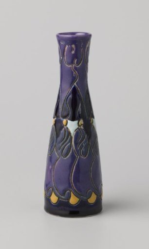 Vase decorated in blue, purple, yellow and white with scratched stylized decoration