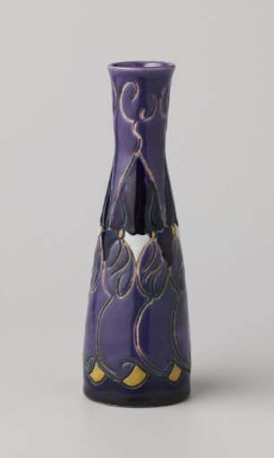 Vase decorated in blue, purple, yellow and white with scratched stylized decoration