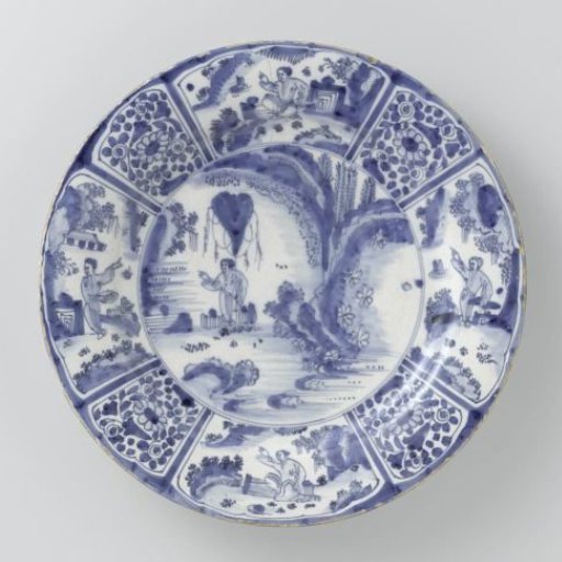 Dish, with a blue-painted central panel depicting a Chinese figure holding up a canopy