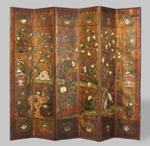 Room screen of gold leather, six-panel, painted with flowering trees, rocks, birds in a landscape and flower vases on the edges