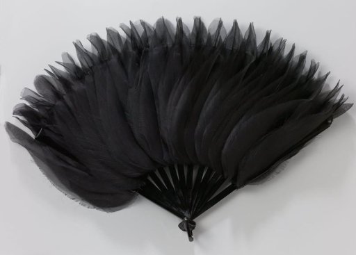 Folding fan of fine black silk gauze with black strips, on a black plastic mount