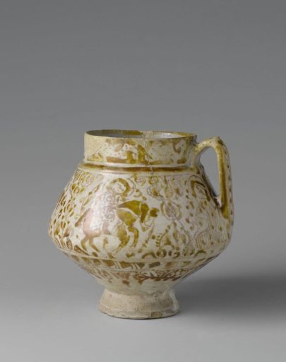 Pear-shaped ewer with horsemen among floral scrolls
