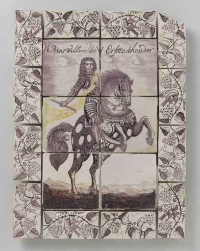 Tile panel with portrait of Prince William V on horseback and border of grapevines and bunches of grapes