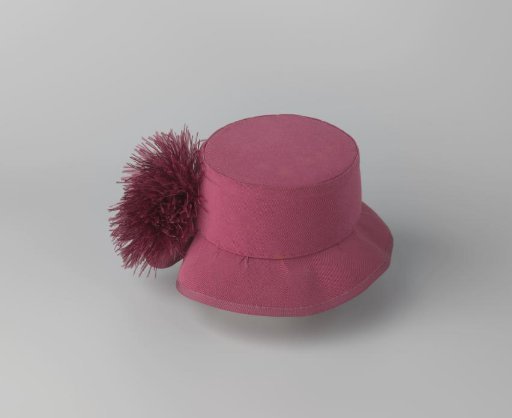 Hat of violet-colored ribbed satin with a pompon of marabou feathers