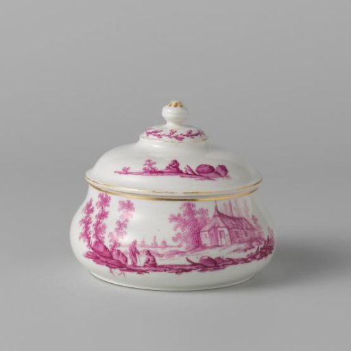 Tobacco pot, painted with figures in a landscape with a farm