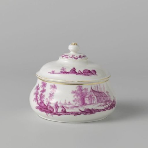 Tobacco pot, painted with figures in a landscape with a farm