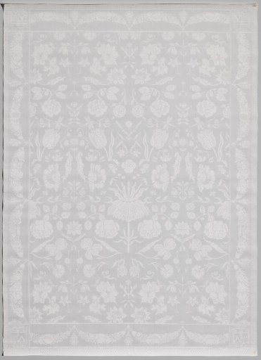 Linen damask napkin with scattered flowers and the quartered coat of arms of Rijckaert-Bartolotti in the corners