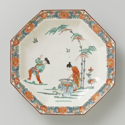 Octagonal plate with an image of Shiba Onko and floral scrolls