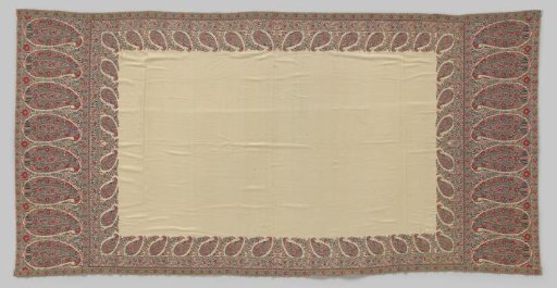 Shawl of silk and wool with a natural-colored center and borders of paisley motifs in red, blue, yellow and green