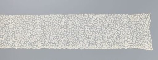 Strip of bobbin lace with cartouches containing flower pots