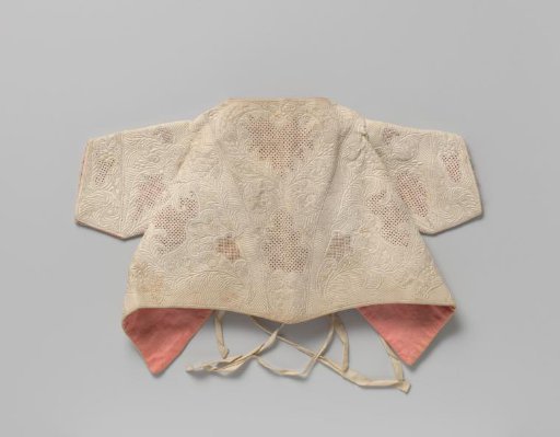 Linen baby jacket with Zaan embroidery, on an openwork ground; lining of pink silk