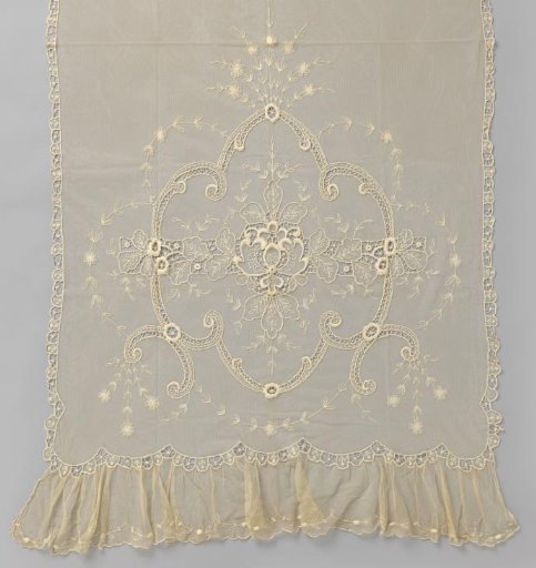 Curtain of a tester bed of machine-made tulle with embroidery