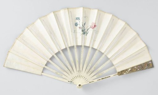 Folding fan with a leaf of thin leather, painted in watercolour with a classical wedding scene, mount, pierced ivory, decorated with 'métal en quatre couleurs