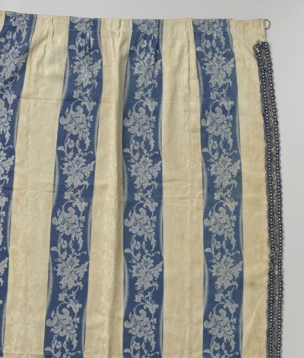 Curtain of blue and white striped linen damask