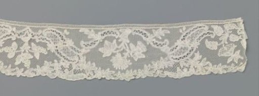 Strip of Bobbin Lace with Mirrored S-Volutes Between Which Hangs a Flower Branch