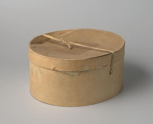 Oval cardboard hatbox with a loose lid, covered with beige rippled paper