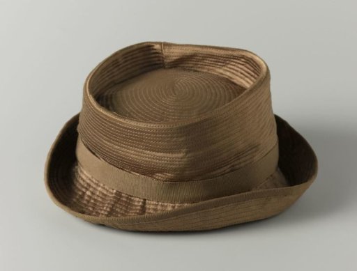 Hat of Quilted Brown/Beige Satin with Brown Grosgrain Ribbon