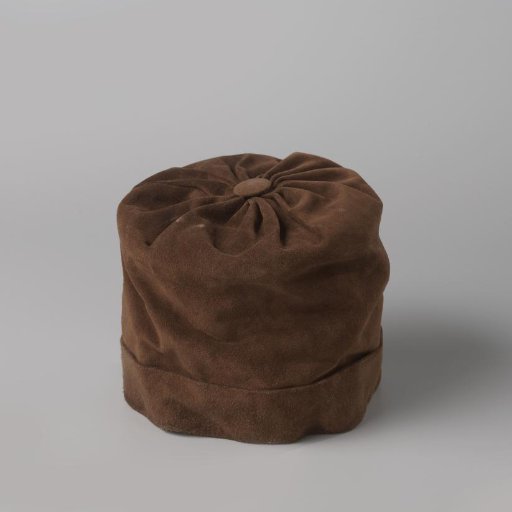 Cap of Brown Suede with Turned-Down Brim and Button in the Center of the Crown