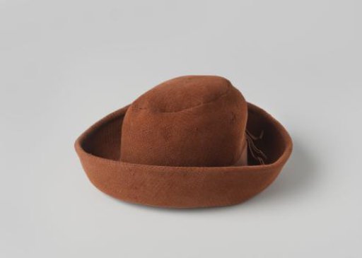 Small Hat of Brown Felt Quilted with Brown Thread, with Crown and Upturned Brim Decorated with a Narrow Brown Grosgrain Ribbon
