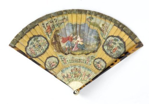 Brisé fan of ivory, painted with tempera and gold paint, with a central cartouche depicting Zephyros and Flora, surrounded by Chinoiserie