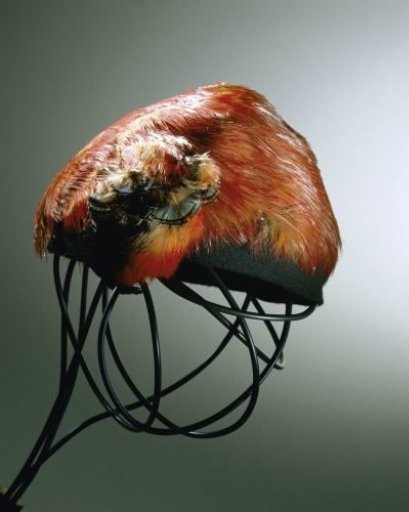 Cap of black woolen jersey entirely decorated with various kinds of red and brown feathers