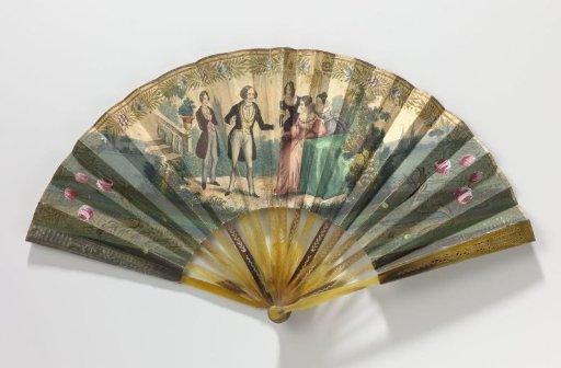 Folding fan with a paper leaf featuring a colored copper engraving depicting two gentlemen and three ladies, mount of tortoiseshell or horn
