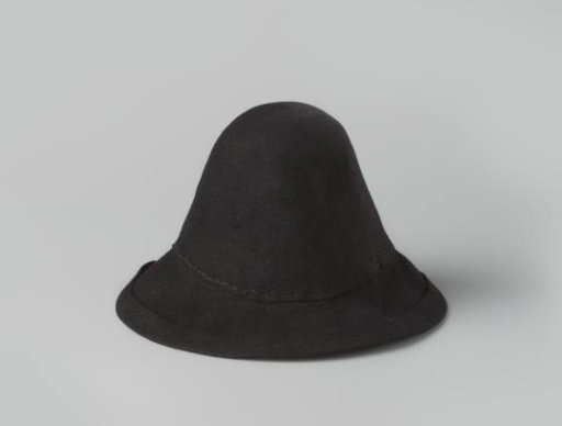 Hat of black felt with high crown and drooping brim, small model