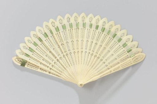 Brisé Fan of Pierced Bone, Held Together with a Green Satin Ribbon