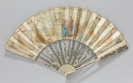 Folding Fan with a Paper Leaf Depicting in Watercolor a Musicking Couple in a Landscape by a Ruin, Pierced Mount Decorated with 'Métal en Quatre Couleurs'