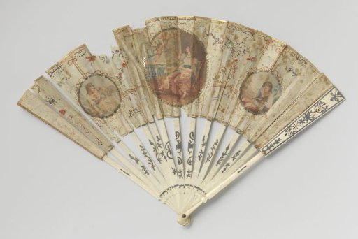 Folding fan with silk leaf featuring a medallion with a seated lady and putti holding a fan