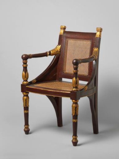 Armchair, Empire model, with rush back and seat, painted red and gilded and raised