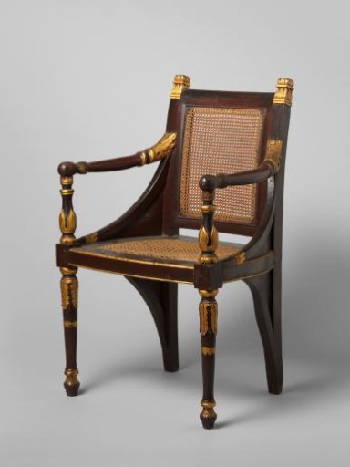 Armchair, Empire model, with rush back and seat, painted red and gilded and raised.