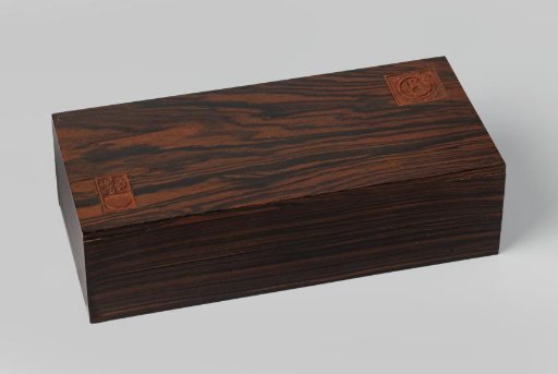 Gavel (A) in a rectangular case (B) of coromandel wood, inlaid with a lighter wood