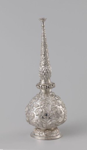 Silver perfume bottle chased with floral and foliate scrolls