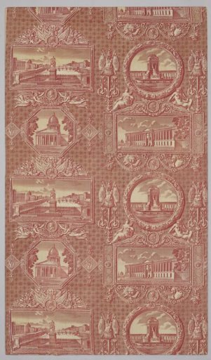 Fragment of printed cotton with decoration: Monuments of Paris.