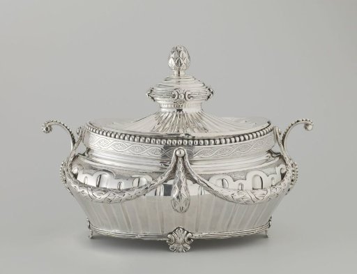 One large (A) and two small (B and C) oval tureens in the Louis XVI style