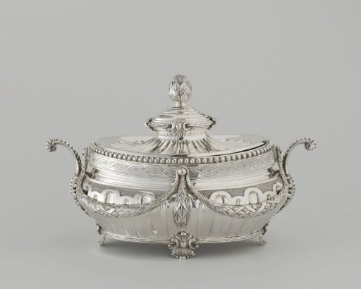 One large (A) and two small (B and C) oval tureens in the Louis XVI style