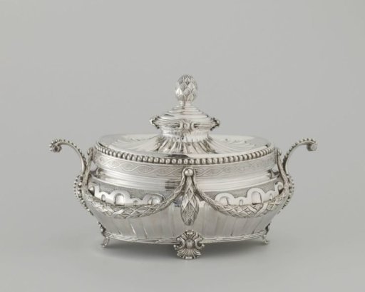 One large (A) and two small (B and C) oval tureens in the Louis XVI style